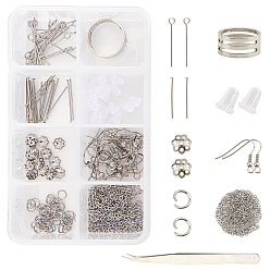 Couleur Acier Inoxydable Kits de fabrication de boucles d'oreilles bricolage, avec 304 chaînes de câble en acier inoxydable, capuchons de perles et crochets pour boucles d'oreilles, brucelles en fer et composants en anneau à large bande en laiton, couleur inox, 3x2x0.5mm