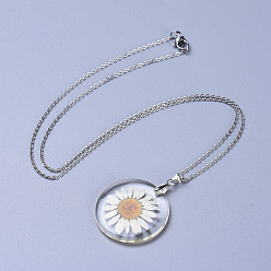 Floral White Alloy Resin Dried Flower Pendant Necklaces, with 304 Stainless Steel Cable Chains and Lobster Claw Clasps, Stainless Steel Color, Floral White, 21.3 inch(54cm)