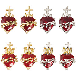 Платиновый & Золотой 8шт 4 стили латунные стеклянные подвески, сердце с крестом, без свинца и без кадмия, долговечный, стойки покрытие, граненые, платиной и золотом, 20.5x11.5x9~9.5 мм, отверстие : 5.5~6x3 мм, 2 шт / стиль