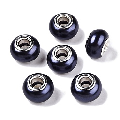 Полуночно-синий Искусственный жемчуг стиль смолы европейские бусины, бусины с большими отверстиями в форме шайбы, с двойных ядер серебрянного цвета, темно-синий, 13.5x9 мм, отверстие : 5 мм