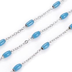 Небесно-голубой 304 кабельные цепи из нержавеющей стали, с эмалевыми овальными бусинами, пайки, с катушкой, Плоско-овальные, цвет нержавеющей стали, голубой, 5x2.5 мм, ссылка: 2x1.6x0.3 mm, около 32.8 футов (10 м) / рулон