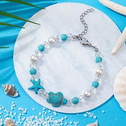 Синтетическая Бирюза Синтетические бирюзовые бусины эластичные браслеты для женщин, черепаха и морская звезда, с бусинами из ракушек и стеклянными бусинами с гальваническим покрытием, 7-1/4 дюйм (18.4 см)