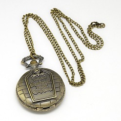 Bronce Antiguo Aleación de reloj de bolsillo collar colgante redondo y plano, con cadenas de hierro y los corchetes de la garra de la langosta, reloj de cuarzo, Bronce antiguo, 31.5 pulgada, Cabeza del reloj: 58x46x15 mm