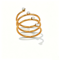 Round 304 Stainless Steel & Imitation Pearl Cuff Open Rings, Real 18K Gold Plated, Round, 19mm