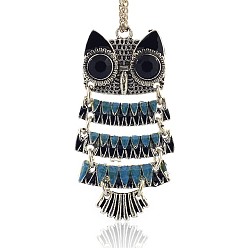 Deep Sky Blue Antique Silver Alloy Enamel Owl Pendants, with Resin Cabochons, Deep Sky Blue, 48x21x2mm, Hole: 2.5mm