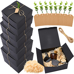 Black 8Pcs Square Folding Kraft Paper Mailer Boxes, with 8Pcs PVC Artificial Eucalyptus Leaf, 1 Bundle Jute Cord, 8Pcs Paper Price Tags and 1 Bag Raffia Crinkle Cut Paper Shred Filler, Black, Box: 20x20x10cm
