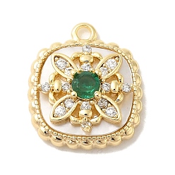 Настоящее золото 18K Латунные микропаве прозрачные кубические циркониевые подвески, без кадмия, без никеля и без свинца, со стеклом, ракушкой и кольцом для прыжков, квадратные с цветком, реальный 18 k позолоченный, 14x12x5 мм, отверстие : 1.4 мм