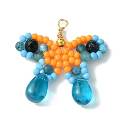 Апатит Подвески-бабочки из бисера, граненые круглые подвески из натурального апатита, синтетического синего авантюрина и стеклянных бусин, золотые, 26x27~28x3 мм, отверстие : 2 мм