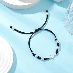 Черный Браслеты из сплава с крестообразными звеньями, вощеные нейлоновые регулируемые браслеты для парной дружбы, с абс пластиковой имитации жемчужина круглые бусины, чёрные, внутренний диаметр: 7/8~3-3/8 дюйм (2.1~8.5 см)