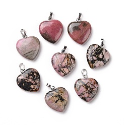 Rhodonite Natural Rhodonite Pendants, Heart, with Brass Findings, Platinum, 22~23x20~20.5x6~7.5mm, Hole: 5x8mm