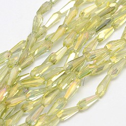 Green Yellow Faceted Rainbow Plated Teardrop Electroplated Glass Beads Strands, Green Yellow, 10x4mm, Hole: 1mm, about 60pcs/strand, 23.6 inch