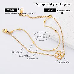 Clover European 304 Staniless Steel 2-Strand Bracelets for Women, Golden, Clover, 6.69 inch(17cm)