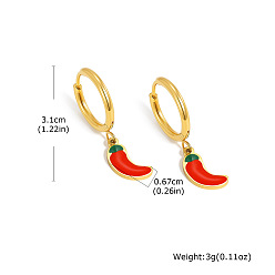 Hot Pepper 304 Stainless Steel Enamel Hoop Dangle Earrings, Golden, Hot Pepper, 31mm