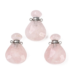 Розовый Кварц Подвески для духов из розового кварца в форме капли, с 304 фурнитурой из нержавеющей стали, граненые, цвет нержавеющей стали, 26~26.5x17x8~8.5 мм, отверстие : 1.4 мм, емкость: около 2 мл (0.06 жидких унций)