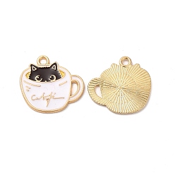 White Alloy Enamel Pendants, Cadmium Free & Nickel Free & Lead Free, Golden, Cup with Cat Charm, White, 19x20x1mm, Hole: 1.8mm