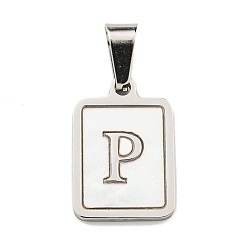 Letter P 304 подвески из нержавеющей стали с натуральными белыми ракушками, прямоугольник с подвесками-буквами, цвет нержавеющей стали, Письмо P, 17.5x12x1.5 мм, отверстие : 6x3 мм
