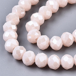 Misty Rose Electroplate Glass Beads Strands, Pearl Luster Plated, Faceted, Rondelle, Misty Rose, 3.5x3mm, Hole: 0.4mm, about 123~127pcs/strand, 13.7~14.1 inch(35~36cm)