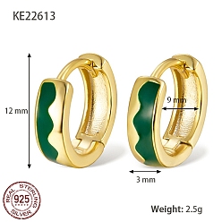 Dark Green 925 Sterling Silver Thick Hoop Earrings, with Enamel, for Women, Real 18K Gold Plated, Dark Green, 12x3mm
