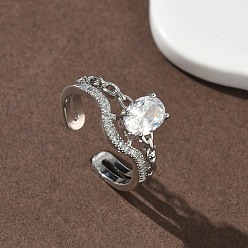 Платина Латунные микропаве кубические цирконии манжеты открытые кольца для женщин, форма цепи, без кадмия и без свинца, стойки покрытие, долговечный, платина, 11 мм, внутренний диаметр: 18 мм