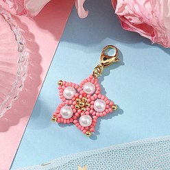 Ярко-Розовый Подвесные украшения из стеклянных бусин, со стеклянными жемчужинами и 304 карабинами из нержавеющей стали, звезда, ярко-розовый, 40 мм