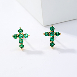 Золотой Изысканные серьги-гвоздики с крестом из латуни и кубическим цирконием, золотые, 10x9 мм