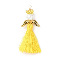 Желтый Стеклянные жемчужины круглые бусины с поликоттоновой кисточкой большие подвески, с японским бисером, ангельские прелести, желтые, 54~59x20x8 мм, отверстие : 2 мм