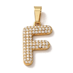 Letter F 304 Stainless Steel Micro Pave Clear Cubic Zirconia Pendants, Letter Charms, Golden, Ion Plating(IP), Letter F, 18x11.5x2.5mm, Hole: 6x2.5mm