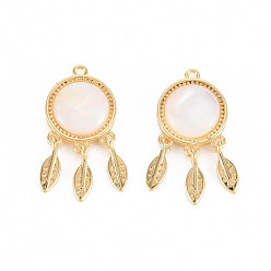 Real 18K Gold Plated Brass Pendants, with Natural Freshwater Shell, Nickel Free, Flat Round Net/Web, Real 18K Gold Plated, 21x10.5x3.5mm, Hole: 1mm