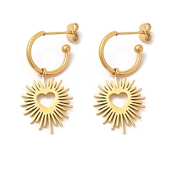 Золотой Вакуумное покрытие pvd 304 кольцо из нержавеющей стали с подвесками в форме сердца, полукруглые серьги для женщин, золотые, 32 мм, штифты : 0.8 мм