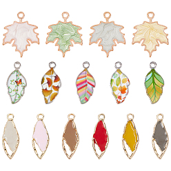 Mixed Color 30Pcs 15 Style Alloy Enamel Pendants, Leaf Pendant Accessories, Mixed Color, 2pcs/style
