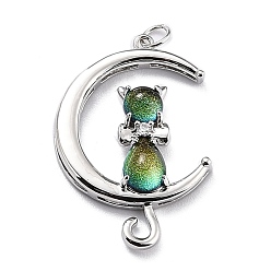 Olive Drab Eco-Friendly Brass Micro Pave Cubic Zirconia Pendants, with Glitter Powder Glass & Jump Ring, Real 18K Gold Plated, Long-Lasting Plated, Moon & Cat, Real Platinum Plated, Olive Drab, 34x23x6.5mm, Jump Ring: 5x0.7mm, Inner Diameter: 3.6mm