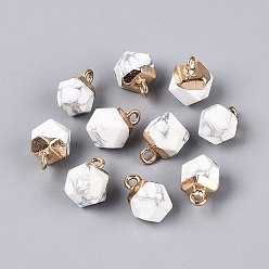 Howlite Natural Howlite Pendants, Polygon Charms, with Golden Tone Brass Loops, 11.5~14x7~9.5x7~9.5mm, Hole: 1.6~1.8mm