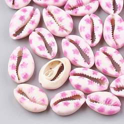 Hot Pink Printed Cowrie Shell Beads, No Hole/Undrilled, Star Pattern, Hot Pink, 20~26x13~18x5~7mm