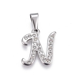 Letter N 304 Stainless Steel Pendants, with Rhinestone, Letter, Letter.N, 18.5x16.5x2mm, Hole: 3~3.5x7.5~8mm