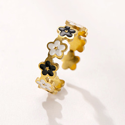 Черный 304 Открытые кольца-манжеты из нержавеющей стали с эмалью для женщин, цветок, золотые, чёрные, внутренний диаметр: 15~20 мм