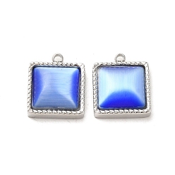 Sky Blue 304 Stainless Steel Charms, with Cat Eye, Saqure Charms, Real 14K Gold Plated, Sky Blue, 14.5x12x5.3mm, Hole: 1.4mm