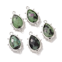 Рубин В Цоизита Подвески-коннекторы из натурального рубина в цоизите, с петлями из латуни с платиновым покрытием, граненые, слеза, 24x14.5x5 мм, Отверстие : 1.2 мм & 1.4 мм