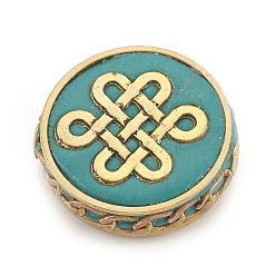 Средний Бирюзовый Индонезийские бусины ручной работы, С нерасплавленными выводами из латуни, плоские круглые с китайским узлом, средне бирюзовый, 21x7.5 мм, отверстие : 2 мм
