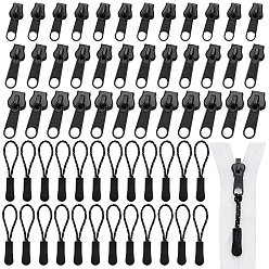 Black Plastic Zipper Sliders, with Plastic Zipper Puller Strap, Black, 32~39mm