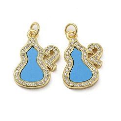 Dodger Blue Brass Micro Pave Cubic Zirconia Pendants, Cadmium Free & Lead Free, with Synthetic Turquoise, Gourd, Dodger Blue, 21x15x2.5mm