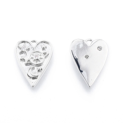 Платинированный Латунные микропаве прозрачные подвески с фианитом, сердце с планетой, Реальная платина, 15x11x2 мм, отверстие : 1 мм
