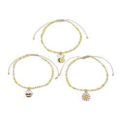 Yellow 3Pcs 3 Style Bees & Flower Alloy Enamel Charm Bracelets Set, Glass Seed Beaded Stackable Bracelets, Yellow, Inner Diameter: 2-1/8~3-3/8 inch(5.5~8.5cm), 1Pc/style