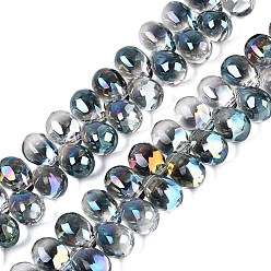 Cadet Blue Electroplate Baking Paint Transparent Glass Beads Strands, Top Drilled Beads, Teardrop, Cadet Blue, 13.5x9.5x9.5mm, Hole: 1~1.2mm, about 119~122pcs/strand, 21.46~23.43 inch(54.5~59.5cm)