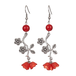 Dark Red Natural Dyed Mashan Jade Flower with Acrylic Beaded Dangle Earrings, 304 Stainless Steel Long Drop Earrings, Dark Red, 73x22mm