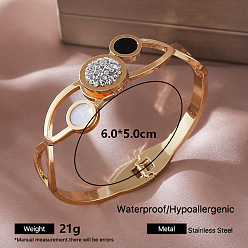 Flat Round 304 Stainless Steel Micro Pavel Clear Cubic Zirconia and Black Enamel Hinged Cuff Bangles with Natural White Shell for Women, Golden, Flat Round, Inner Diameter: 2.36 inch(6cm)
