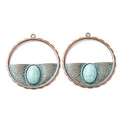 Плоский Круглый Сплав с синтетических бирюзовых подвесками, красная медь и зеленая патина, плоско-круглые, 41.5x38.5x6.5 мм, отверстие : 1.6 мм