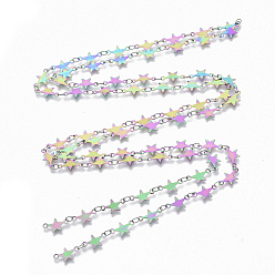 Rainbow Color Ion Plating(IP) 304 Stainless Steel Link Chains, Star Sequin Chains, Soldered, Rainbow Color, star: 12.3x7x0.3mm, link: 3.6x2.3x0.3mm, about 39.37 inch(1m)/strand