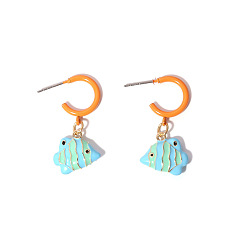 Pale Turquoise Zinc Alloy Enamel Stud Dangle Earrings, Fish, Half Hoop Earrings, Pale Turquoise, 36x15mm