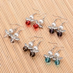 Mixed Color Angel Transparent Glass Beaded and Glass Pearl Beaded Dangle Earrings, with Metal Findings and Brass Earring Hooks, Mixed Color, 49mm, Pin: 0.7mm