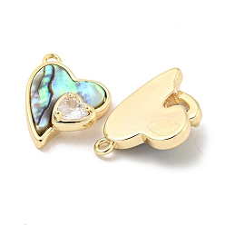 Real 18K Gold Plated Natural Paua Shell Pendants, Brass Pave Clear Glass Heart Charms, Real 18K Gold Plated, 16.5x12x5mm, Hole: 1.2mm